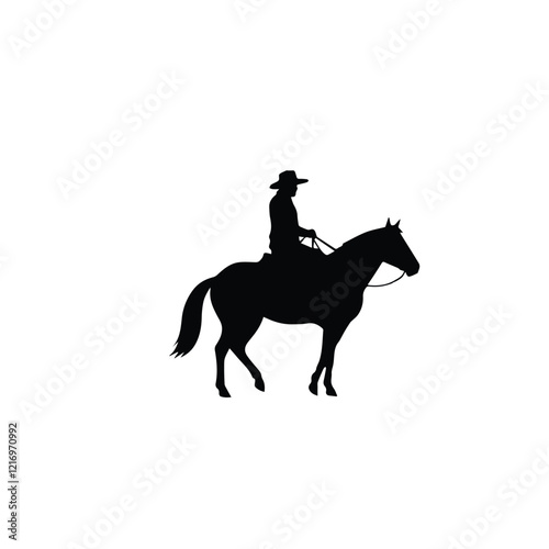 Silhouette of a cowboy riding a horse on a white background