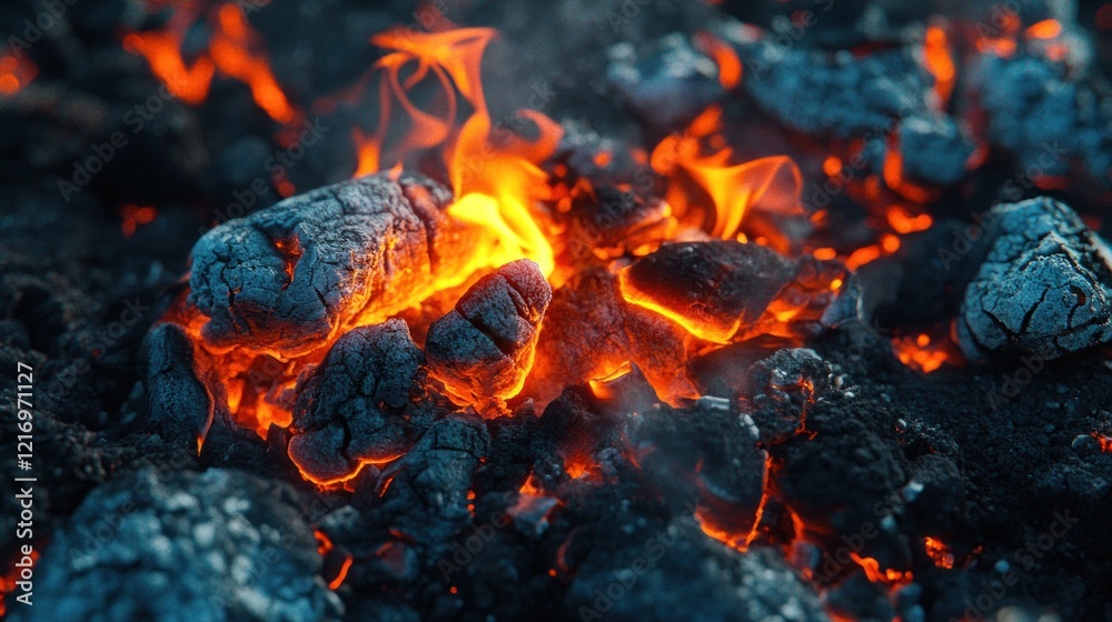Close-up of glowing embers and flames amidst dark ash and rock. Close-up of glowing embers and flames amidst dark ash and rock.