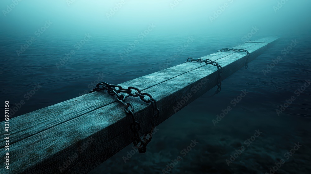 Obraz premium Serene waterside retreat, wooden dock with rope detail overlooking tranquil waters