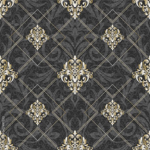 Seamless damask pattern for background or wallpaper design. Vector vintage floral seamless pattern element. Grey and gold background. Vector illustration. Print