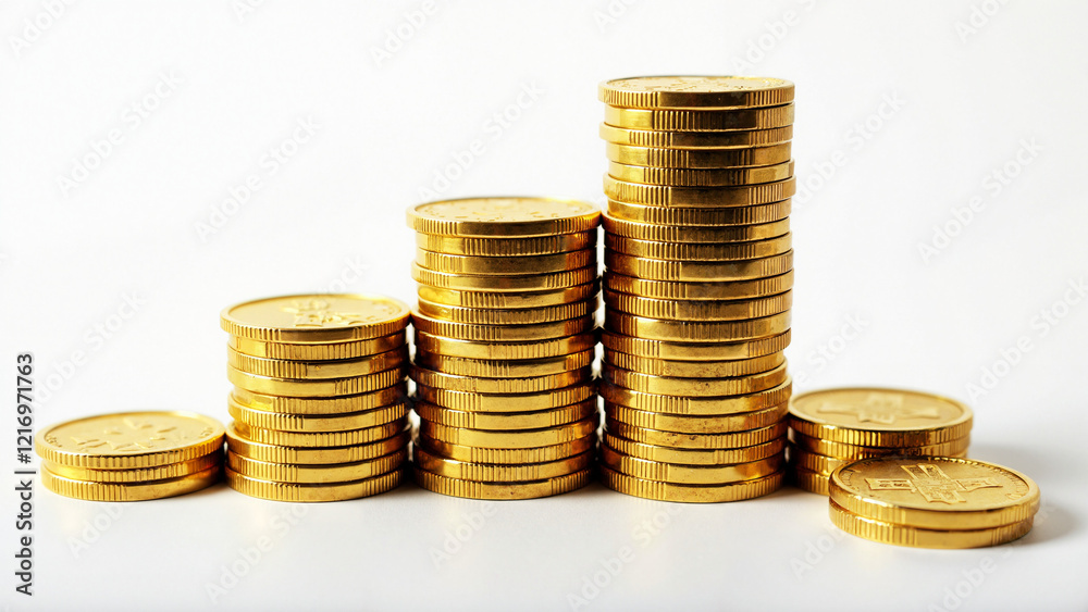 Stunning Gold Coin Stacks on White Background for Financial, Investment, and Luxury-Themed Commercial Use Stunning Gold Coin Stacks on White Background for Financial, Investment, and Luxury-Themed Commercial Use