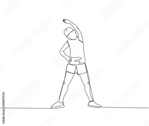 Student doing warm-up, child doing sports, physical education lesson one line art. Continuous line drawing of online knowledge, learning, education, teaching, entertainment, student life