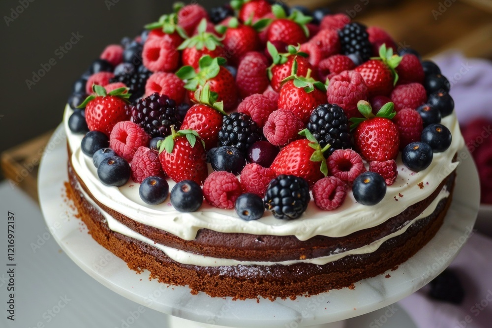 Delicious chocolate cake decorated with summer berries sitting on white cake stand Delicious chocolate cake decorated with summer berries sitting on white cake stand