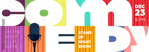 Horizontal comedy banner showcasing an open mic setup with conceptual art, typography and stage red curtain. Ideal for theatrical events, comedy festivals and nightlife promotions.