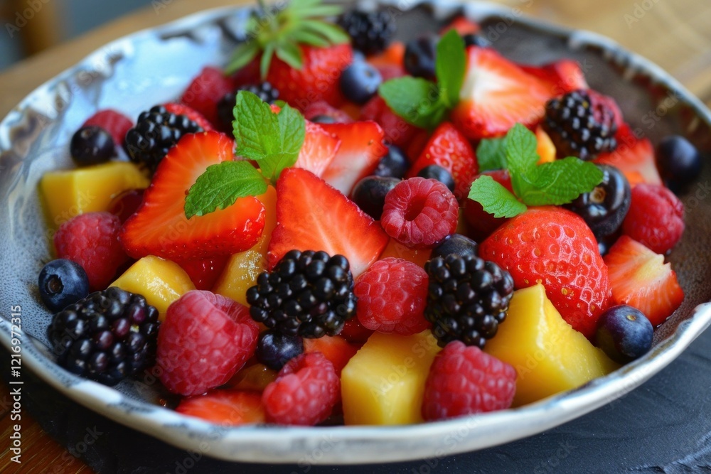 Healthy and refreshing fruit salad combining juicy berries, sweet mango, and fragrant mint leaves Healthy and refreshing fruit salad combining juicy berries, sweet mango, and fragrant mint leaves