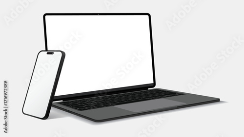 Smartphone and Laptop Computer Mockup in Perspective Side View, Isolated on White Background - Vector Illustration