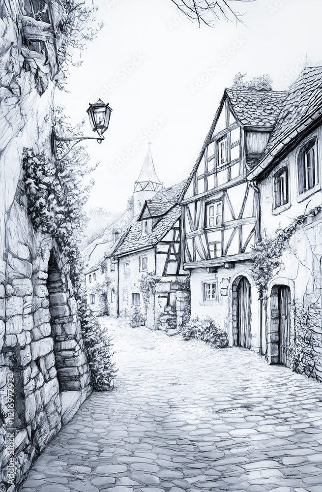 A detailed black-and-white sketch of a charming European village with cobblestone streets and half-timbered houses, exuding historical allure. A detailed black-and-white sketch of a charming European village with cobblestone streets and half-timbered houses, exuding historical allure.