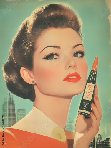 A striking vintage cosmetic ad showcasing a woman holding a mascara in a retro urban setting with bold colors.