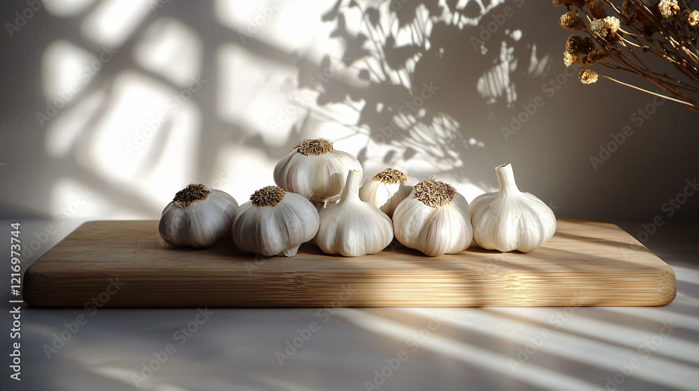 Naklejka premium A serene arrangement of garlic bulbs and cloves resting on a wooden cutting board, with soft natural lighting creating a calming atmosphere.