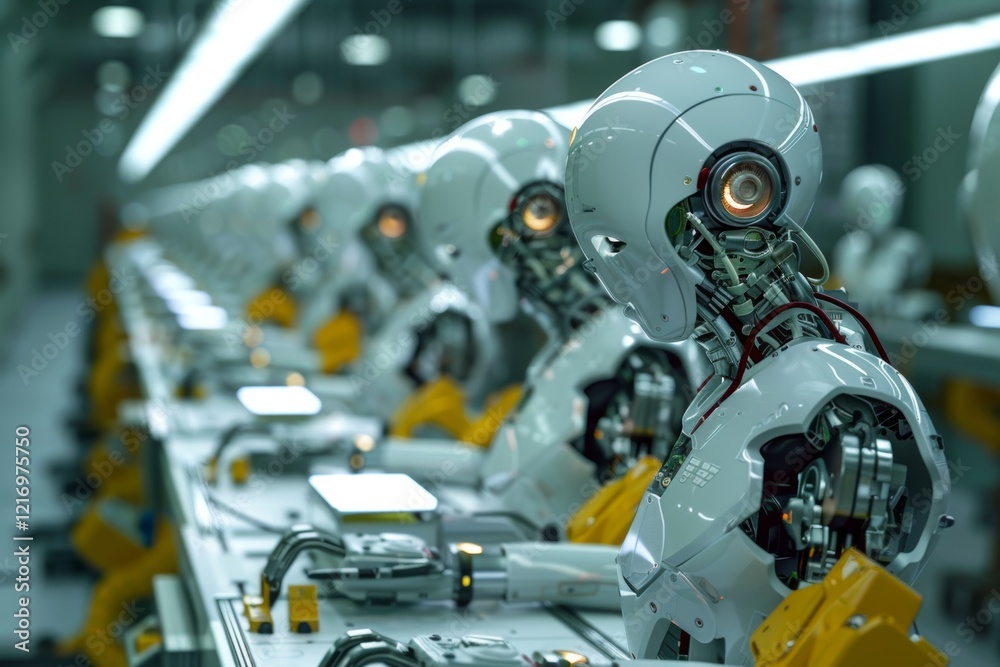An assembly line of robots under construction, Modern factory and aisle, A factory assembly line with robots assembling electronic devices An assembly line of robots under construction, Modern factory and aisle, A factory assembly line with robots assembling electronic devices