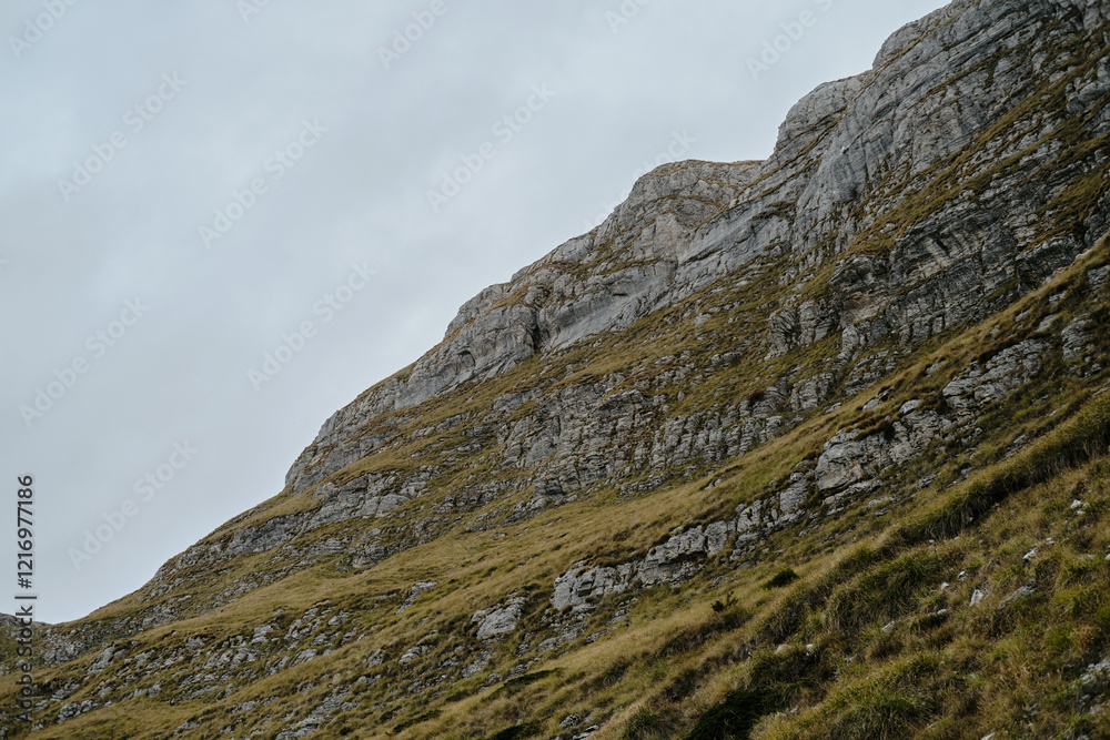 Fototapeta premium Montenegro country, Durmitor National Park. Saddle Pass. Alpine meadows in autumn season. Breathtaking mountain landscape. Traveling through wild non-urban places concept.