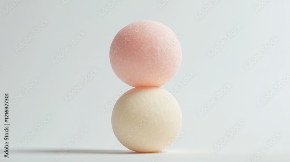 Two pastel-colored spheres balanced on top of each other against a minimalist background Two pastel-colored spheres balanced on top of each other against a minimalist background