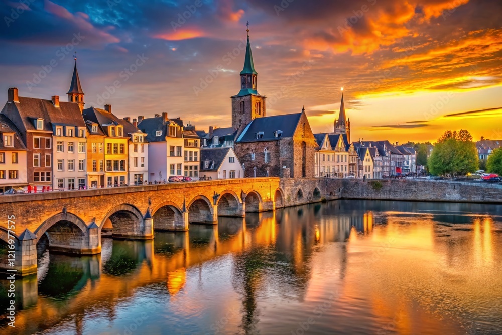 Maastricht River Meuse Architecture, Scenic Dutch Cityscape, Historic Buildings,  Sunrise Reflection
