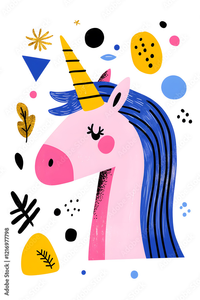 Naklejka premium Cute cartoon unicorn with mane and horn illustration on white background with blossom and flowers. Card and shirt design 