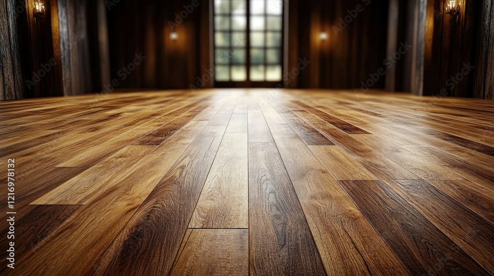 Wooden floor, grand room, garden view, empty space, product display Wooden floor, grand room, garden view, empty space, product display