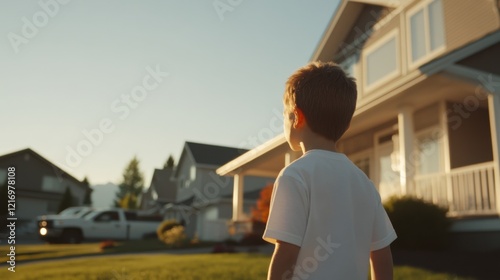 A child gazes at a suburban neighborhood in warm, golden sunlight, evoking a sense of wonder and imagination.