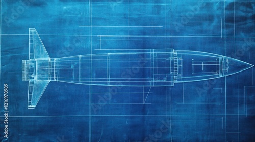 Blueprint of a missile design showcasing technical specifications and engineering details. photo