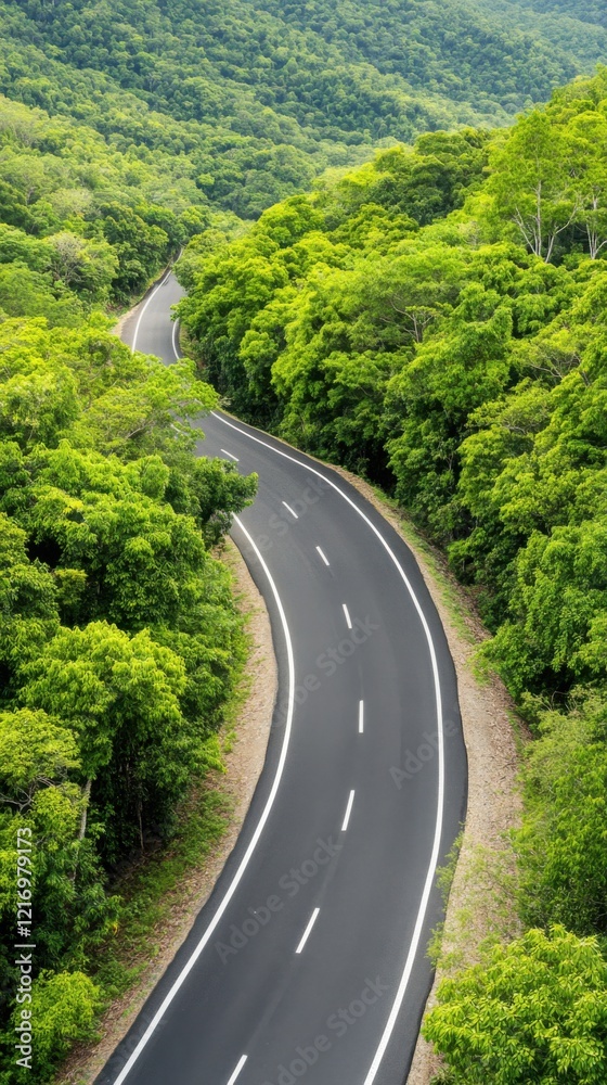 A winding road cuts through a dense, lush green pine forest, viewed from an aerial perspective, capturing the serene beauty of nature. A winding road cuts through a dense, lush green pine forest, viewed from an aerial perspective, capturing the serene beauty of nature.