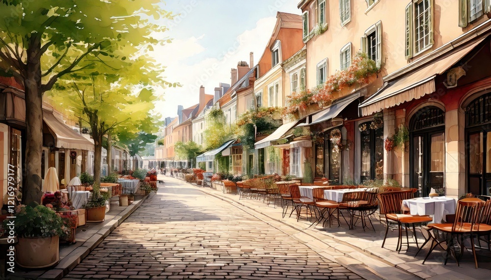 Painting, A charming European café scene featuring tables on a picturesque cobblestone street. Painting, A charming European café scene featuring tables on a picturesque cobblestone street.