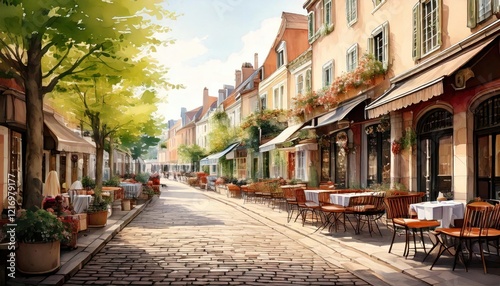 Painting, A charming European café scene featuring tables on a picturesque cobblestone street.