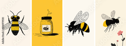 Cute summer bumble bee doodle hand drawn style illustration