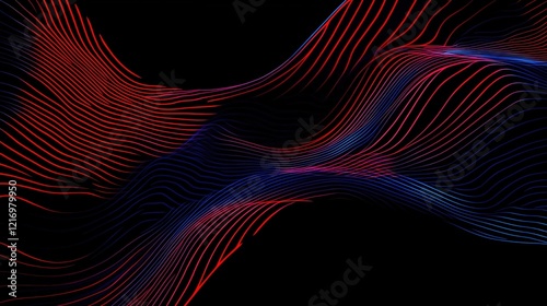 Abstract black background with thin red and blue lines creating wavy patterns