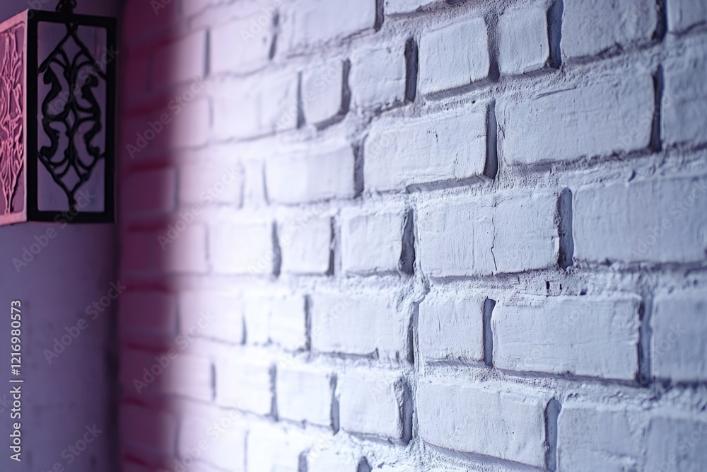 Fototapeta premium A solitary lamp hangs from a brick wall, providing warm lighting in a cozy atmosphere