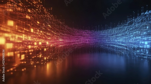 Colorful abstract digital matrix with glowing orange and blue grids in dynamic perspective