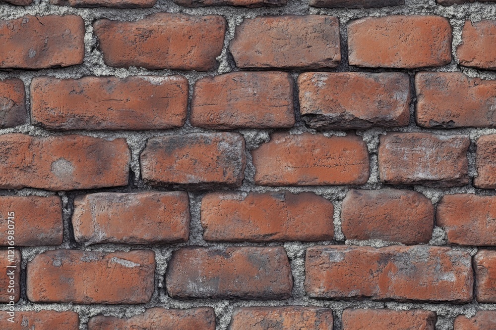 A detailed view of a red brick wall with texture and imperfections A detailed view of a red brick wall with texture and imperfections