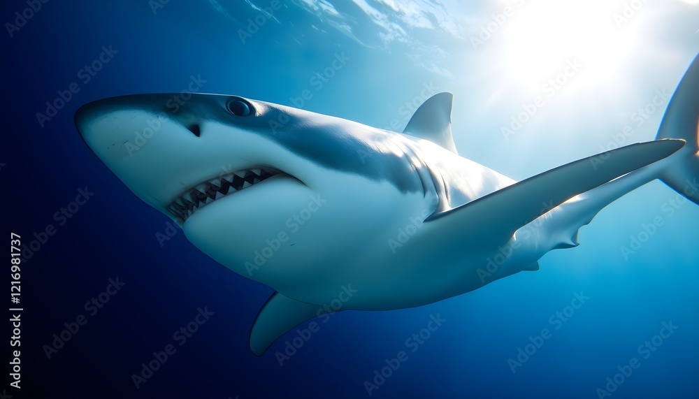 Obraz premium A close-up of a great white shark swimming gracefully underwater, with sunlight filtering through the water, showcasing its powerful body and sharp teeth. The deep blue ocean background enhances the m