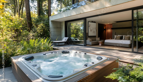 A modern terrace with a bubbling hot tub framed by lush greenery exudes tranquility and luxury, perfect for relaxation under the sun  -