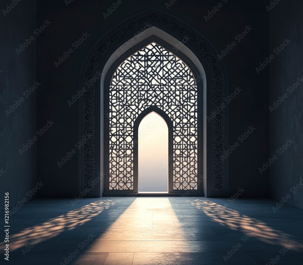 3D rendering of an Islamic arch with arabesque patterns. The background is dark, and the light shines through an arched window, creating beautiful shadows on the wall. In front, 3D rendering of an Islamic arch with arabesque patterns. The background is dark, and the light shines through an arched window, creating beautiful shadows on the wall. In front,