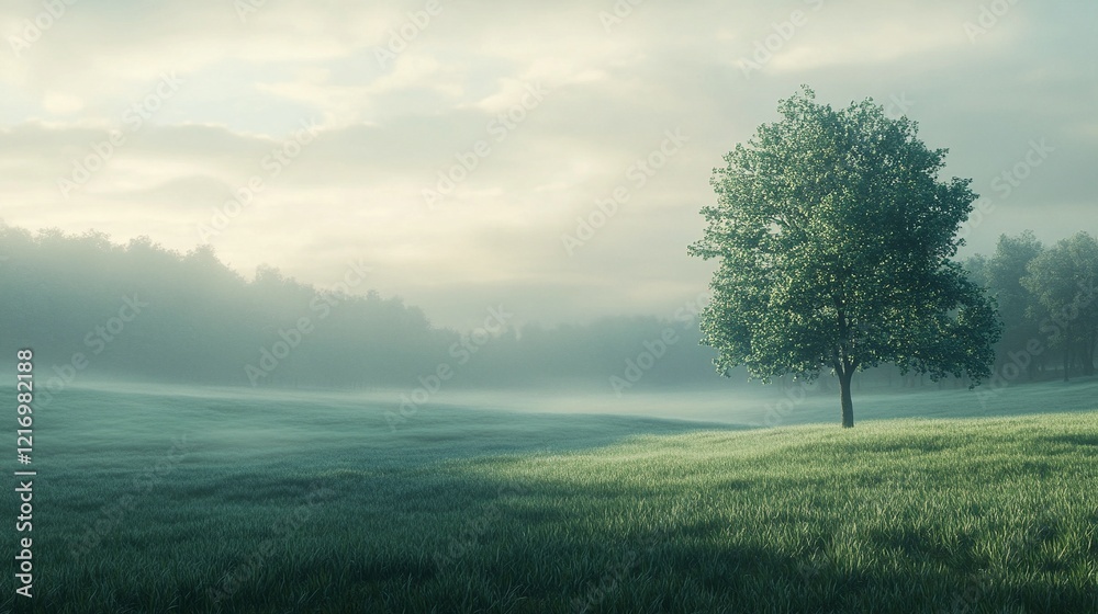 Obraz premium Peaceful meadow landscape with a solitary tree bathed in soft dawn light under a serene morning sky