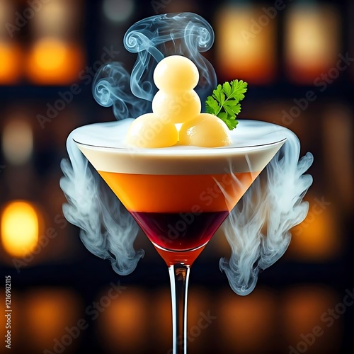 A Molecular Gastronomy Drink with suspended spheres and smoke, Ai Generated photo