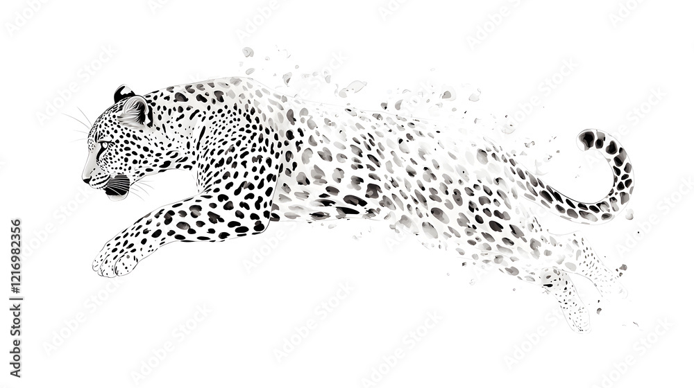 Leopard running at full speed black and white illustration isolated on white background Leopard running at full speed black and white illustration isolated on white background