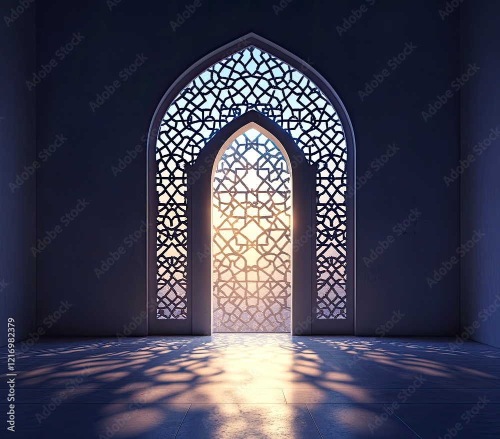 3D rendering of an Islamic arch with arabesque patterns. The background is dark, and the light shines through an arched window, creating beautiful shadows on the wall. In front, 3D rendering of an Islamic arch with arabesque patterns. The background is dark, and the light shines through an arched window, creating beautiful shadows on the wall. In front,