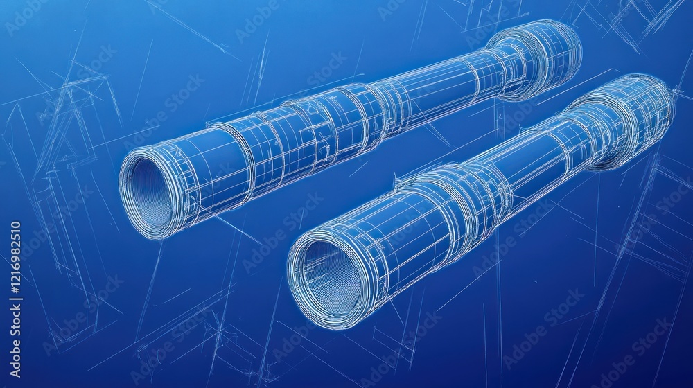 Two blueprint-style tubes against a blue background, showcasing a technical design. Two blueprint-style tubes against a blue background, showcasing a technical design.