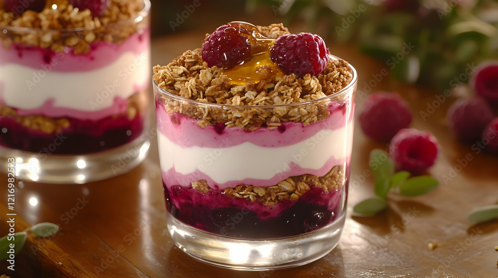 Layered Raspberry and Yogurt Parfait with Granola and Honey Layered Raspberry and Yogurt Parfait with Granola and Honey
