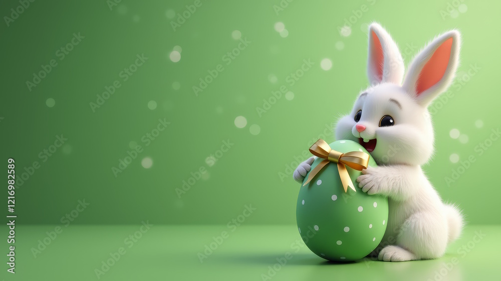 Fototapeta premium Easter bunny with polka dot easter green egg and golden bow on festive green background. Happy Easter greeting card, Holiday banner with free space for text.
