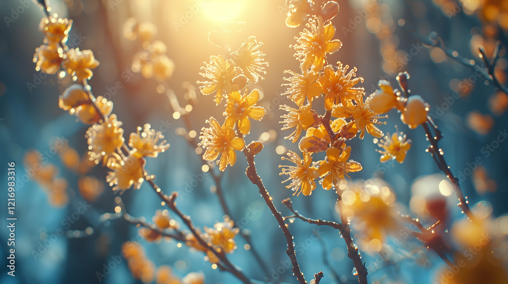 Golden spring blossoms glowing in warm sunlight Golden spring blossoms glowing in warm sunlight