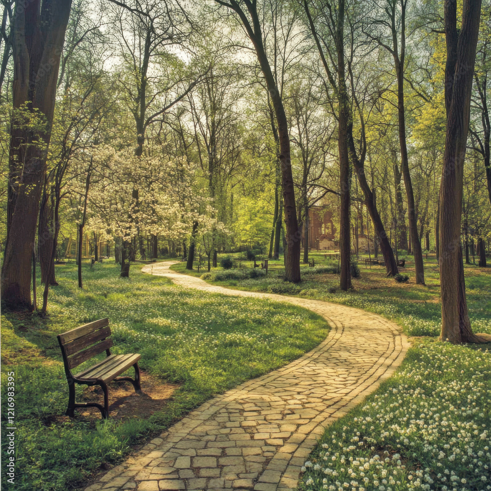 Serene Park Scene with Winding Path and Wooden Bench During Springtime Serene Park Scene with Winding Path and Wooden Bench During Springtime