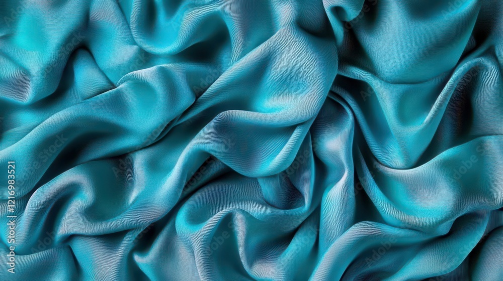 Obraz premium A close-up of luxurious turquoise fabric, showcasing its smooth, wavy texture and vibrant color, perfect for fashion or textile design.