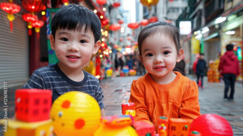 Festive street scene with children playing and colorful decorations
