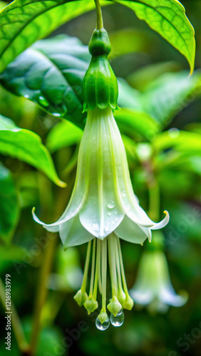 A bell shaped flower with a latch like petal at the bottom that snaps shut when water falls on it photo