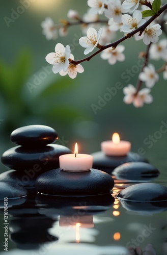 Spa background stones and candles , water, flowers and steam, natural light, tranquil atmosphere for relaxation and meditation