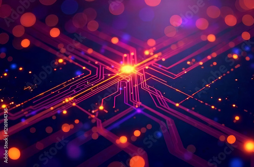 Abstract neon tech background with glowing chip lines