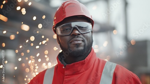 A worker in protective gear, including a red helmet and goggles, stands confidently in the industrial setting with welding sparks illuminating the background. photo