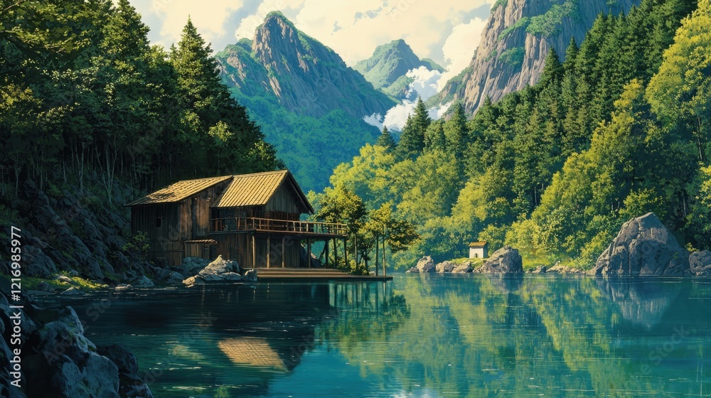 Fototapeta premium Scenic river view with quaint village nestled among lush mountains 