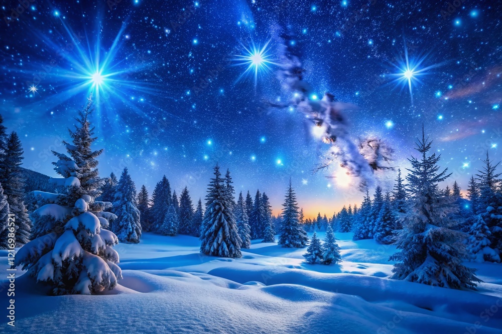 Fototapeta premium Magical Winter Wonderland: Blue Sky, Falling Snowflakes, Night Photography