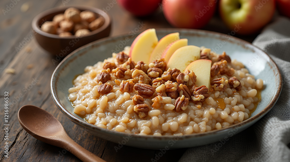 plate of buckwheat porridge with nuts, honey, and sliced apples plate of buckwheat porridge with nuts, honey, and sliced apples